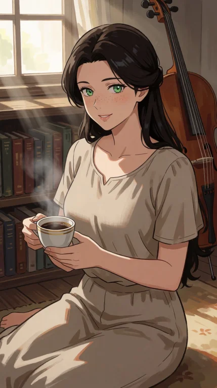 A Beautiful Dark Haired Woman Is Sitting On The Floor. She H...