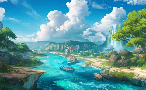 Conceptart, No Humans, Scenery, Water, Sky, Day, Tree, Cloud... — Stable Diffusion AI Prompt: ConceptArt, no humans, scenery, water, sky, day, tree, cloud, waterfall, outdoor...