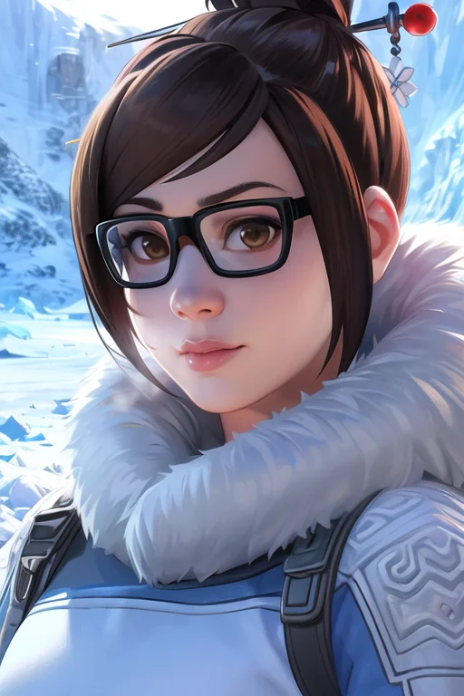 Portrait, Waist Up, Mei, Brown Eyes, Glasses, Fur Coat, Hair...