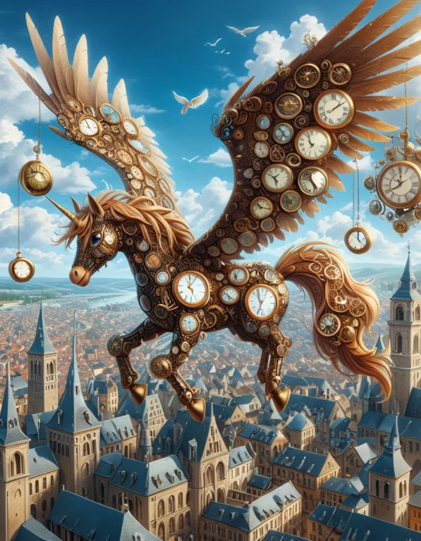 Clockstyle Cartoon Pegasus Flying Over A City Of Clocks, Laz...