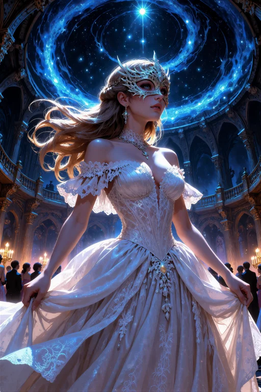 An Illustration Of A Masked Woman In An Elaborate Celestial...