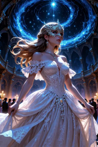 An Illustration Of A Masked Woman In An Elaborate Celestial... — Stable Diffusion AI Prompt: An illustration of a masked woman in an elaborate celestial ball gown, the bodic...