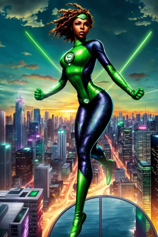 Rosalinenobodysd15 As Black Female Green Lantern Super Hero... — Stable Diffusion AI Prompt: RosalineNobodySD15 as black female green lantern super hero flying modern city b...