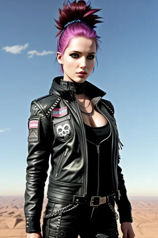 Cute Punk Scull Girl, Is Skydiving In The Sky With, Mad Max... — Stable Diffusion AI Prompt: cute punk scull girl, is skydiving in the sky with, mad max jacket, renaissance,...