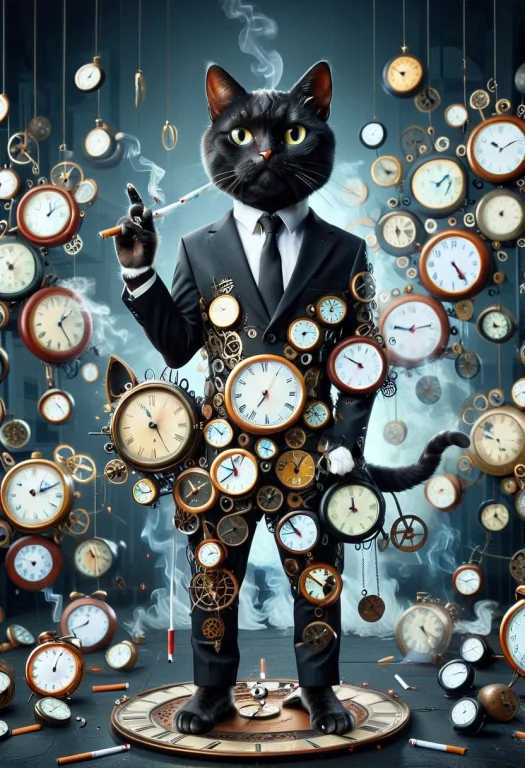 Clockstyle, A Cat Wearing A Suit And Tie Made Of Clocks, Bla...