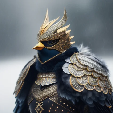 Bird, Wearing High Ornamented Light Armor, Fluffy Fur, Foggy... — Stable Diffusion AI Prompt: bird, wearing ((high ornamented light armor)), fluffy fur, foggy, wet, stormy, 7...