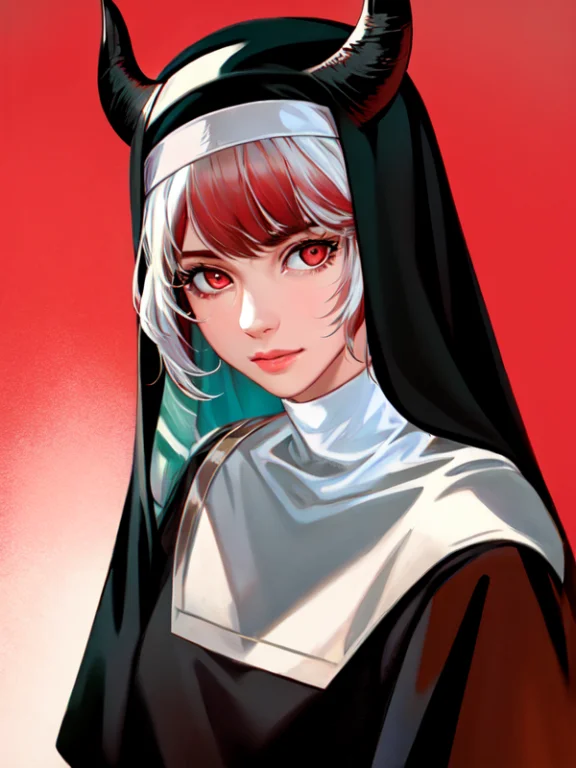 Mwlop, 1girl, Young, Solo1.2, Nun, Demon Horns1.3, Red Eyes1...
