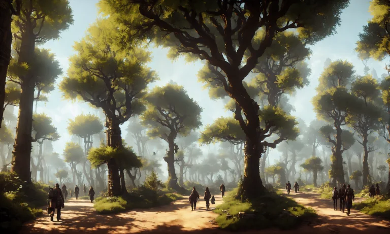 Drawing Of Steampunk Forest With Trees , With People Walking...