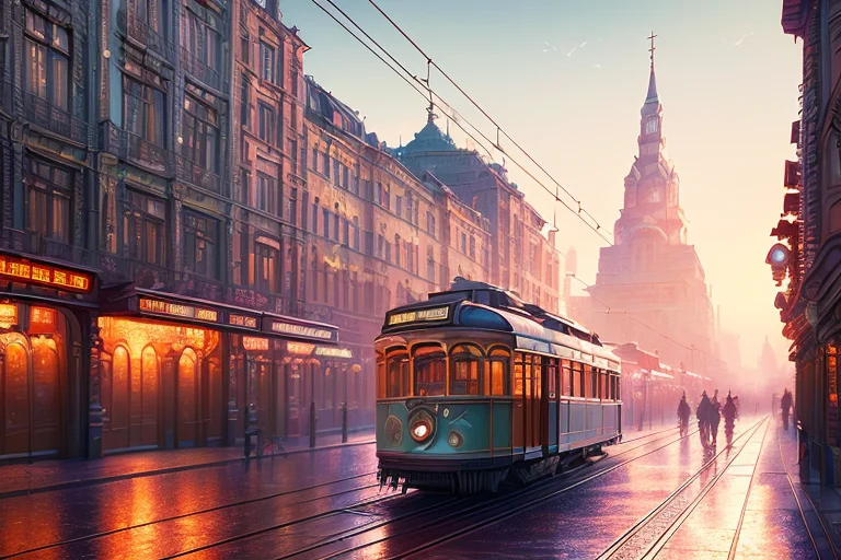 Highres, Masterpiece Cityscape, Retrofuturism City, Old Tram...