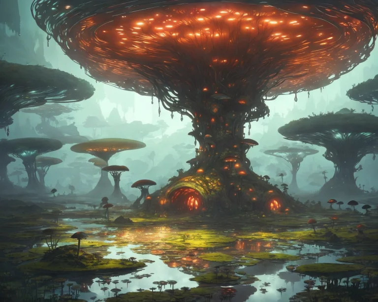 A Wet Swamp With Glowing Mushrooms And A Futuristic Structur...
