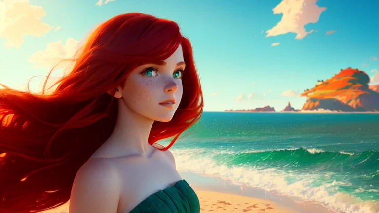 1girl, Single, Solo, Red Hair, Freckles0.8, Green Eyes, Beac...