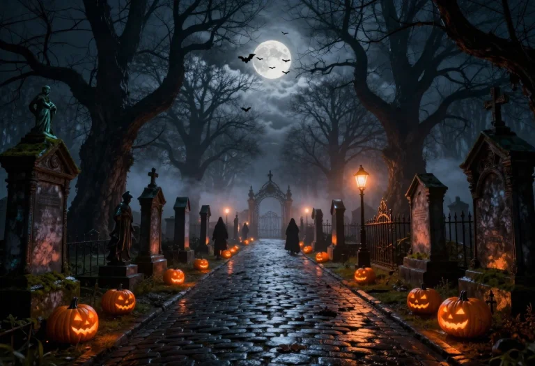 A Sprawling Moonlit Gothic Cemetery At Night, Wide Panoramic...