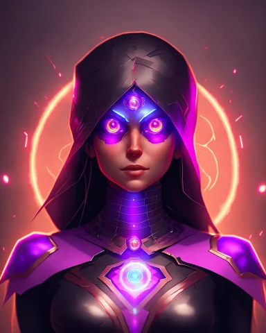 A Woman In A Purple Outfit With A Red Gem On Her Chest, Glow... — Stable Diffusion AI Prompt: a woman in a purple outfit with a red gem on her chest, glowing eyes, hro