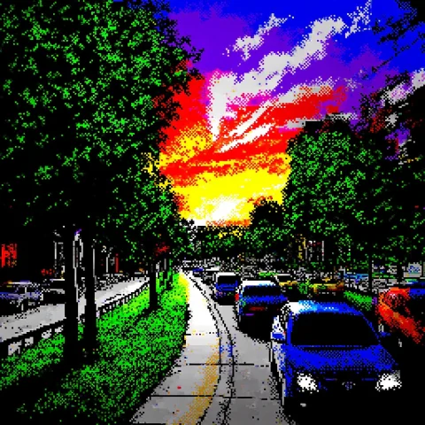 Zxpixseva, A City At Night. There Is A Tree On The Left Side... — FLUX AI Prompt: zxpixseva, A city at night. There is a tree on the left side. There are cars dri...