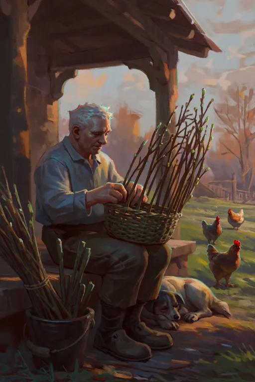 An Old Farmer Sits On The Steps Of A Covered Porch, Weaving...