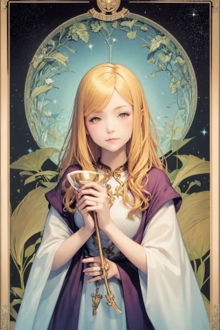 Young Girl Holding Chalice Full Of Stars, Glow, Magic, Gold... — Stable Diffusion AI Prompt: young girl holding chalice full of stars, glow, magic, gold hair, glitter, art n...