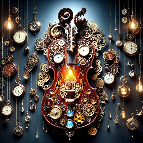 A Violin Made Of Polished Mahogany And Intricate Brass Gears... — SDXL AI Prompt: A violin made of polished mahogany and intricate brass gears, clockwork anatomy...