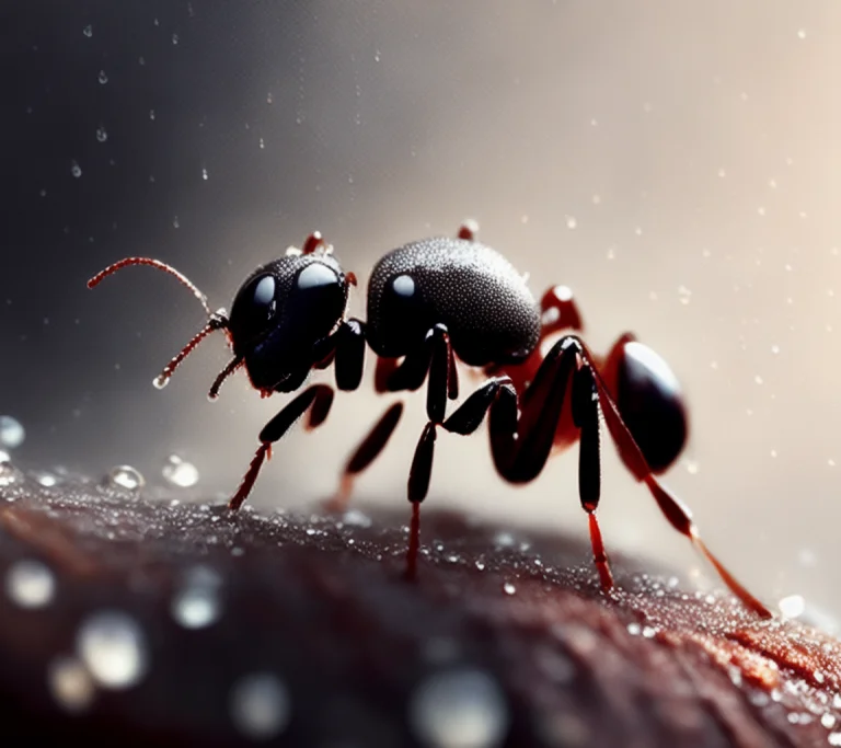 Closeup Angle Of Cute Ant, Covered In Water Droplets From Ra...