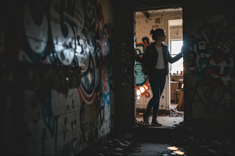 A Lone Young Woman With Dark Hair Tied In A Messy Bun Stands...