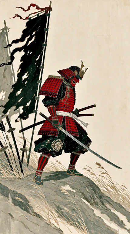 Minimalist Composition, Low Angle Shot, A Samurai Wearing A...