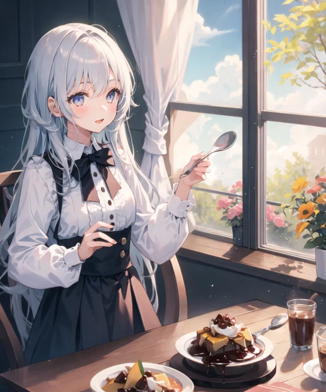 1girl, Solo, Sitting, Table, Spoon, Pudding,, Masterpiece, B...