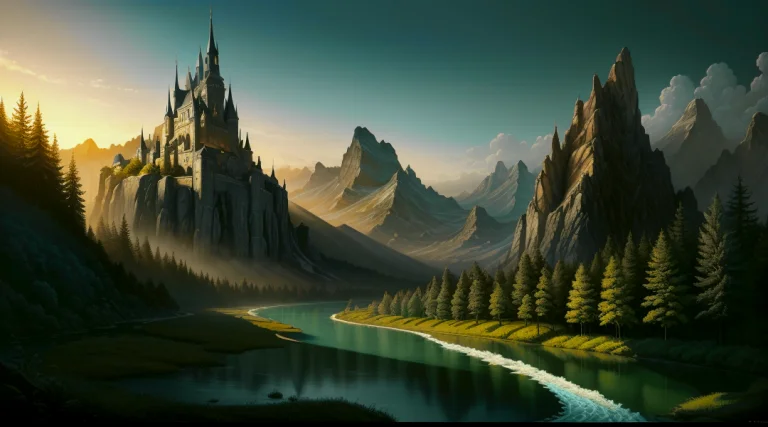 A Fantasy Castle Surrounded By Trees And Water In The Middle...