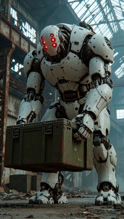Dcsc1f1. Low-angle Medium Shot Of A Towering Humanoid Robot...
