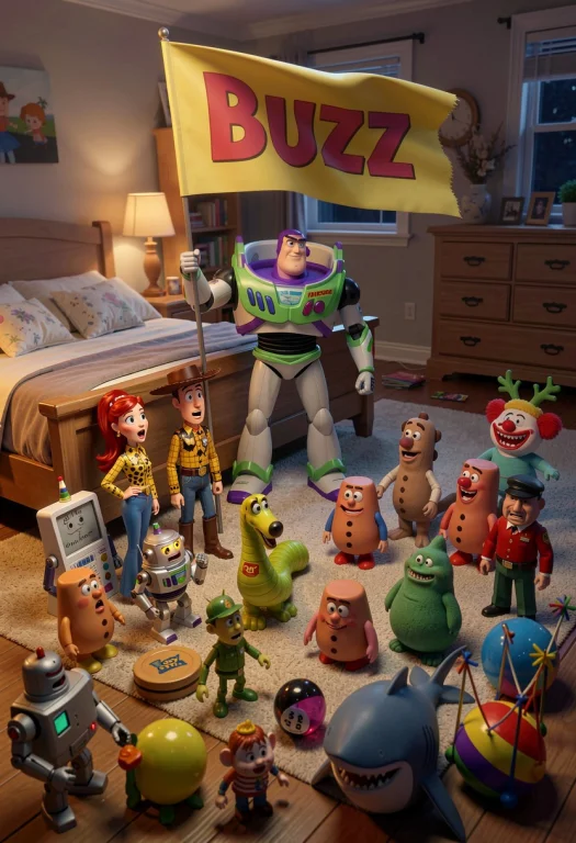 A Dramatic, Cinematic Toy Story Scene Set At Night, On Andys...