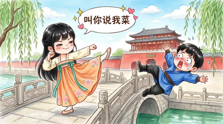 卡通动漫风格。背景为洛阳石桥。女生在左侧，抬起右脚用力踢出，...