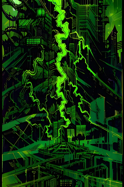 Loratarot Card1, Green Lightning, City Background, Fog, Dang...