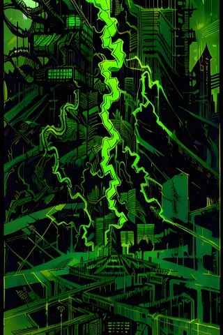 Loratarot Card1, Green Lightning, City Background, Fog, Dang... — Stable Diffusion AI Prompt: , green lightning, city background, fog, dangerous depressing atmosphere, intric...