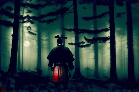 Medium Close Shot, Japanese Samurai Warrior, Forest Glade At... — Stable Diffusion AI Prompt: (medium close shot), Japanese samurai warrior, forest glade at night background,...