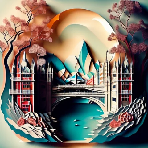 Paperai, Landscape, Buildings, Bridge Over Water — Stable Diffusion AI Prompt: (paperai), landscape, buildings, bridge over water