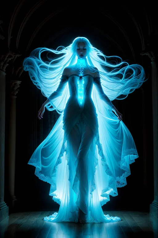 Medium Close Shot, Beautiful Ghost Woman, Long Flowing Hair,...