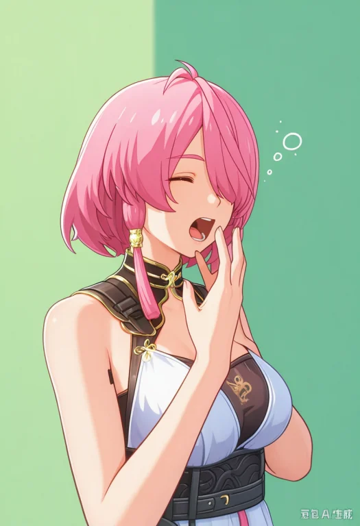 Loraaki1,solo,hair Over One Eye,dress,smile,yawning,green Ba...