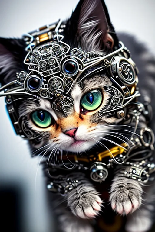 Macro Lens, A Cute Kitten Made Out Of Metal, Cyborg, Cyberpu...