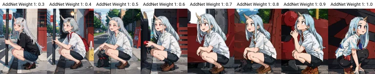 1girl, Eri Mha, Single Horn, Gray Hair, Red Eyes, Squatting,...