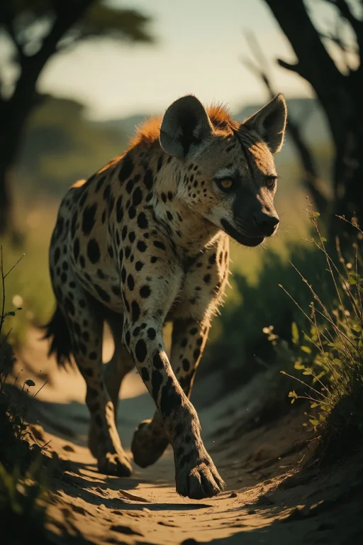 Nature, A Spotted Hyena Loping Along A Mara Track At Dusk, E...