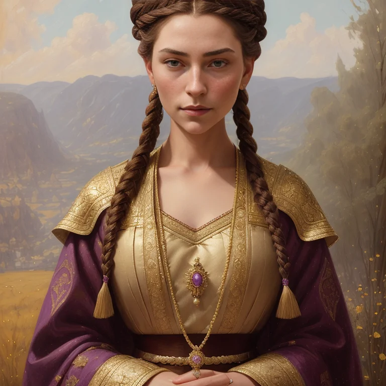 Portrait Of A Young Queen With Long Wine Color Braided Hair,...