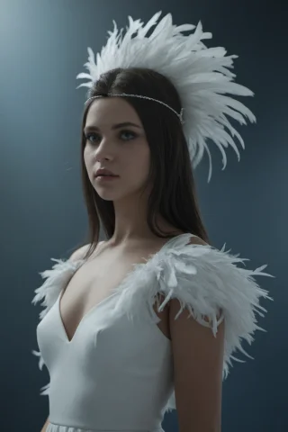A Model In A White Dress With Feathers On Its Head And A Whi... — SDXL AI Prompt: a model in a white dress with feathers on it's head and a white dress with feath...