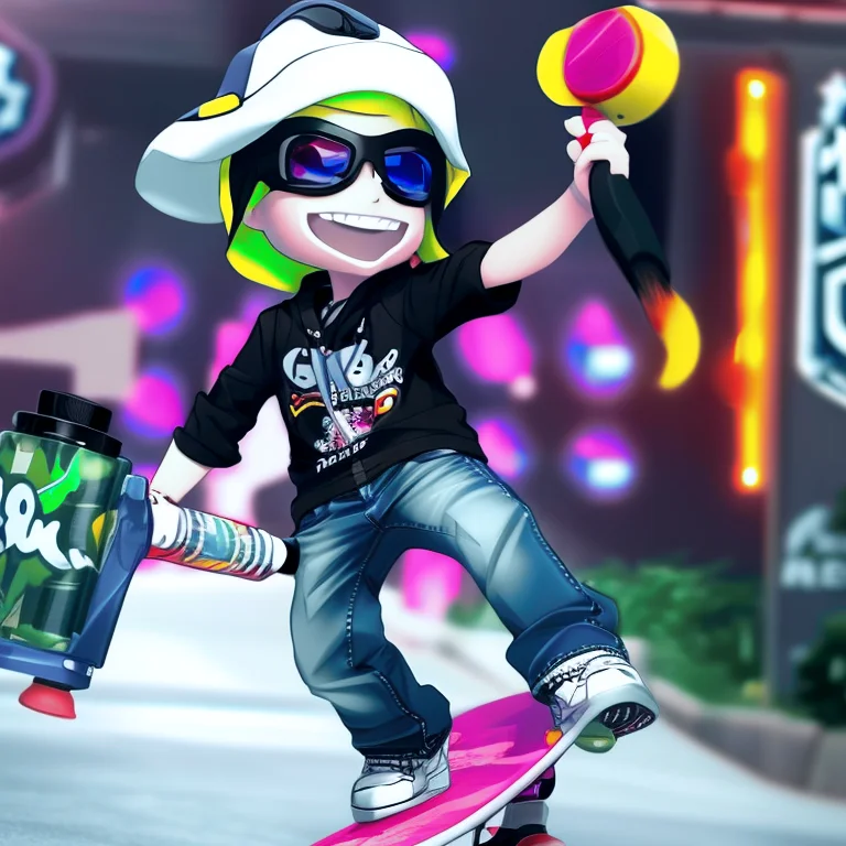 Inksplat768 A Boy Riding A Skateboard A Spraygun In His Hand...