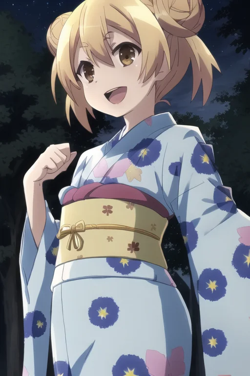 Outdoors,night,stars,kimono ,belt, 1girl, Smile, Shorthair,...