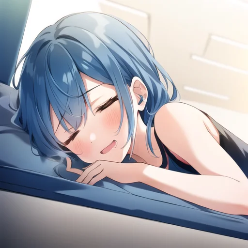 1girl, Blue Hair, Sleeping, Drooling, Saliva, Loraanimedrool...
