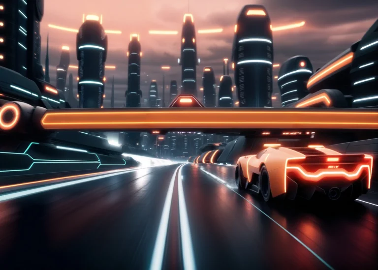 Sports Car1.1 On A Highway With A Sci-fi City In The Distanc...