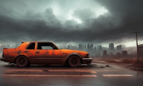 Rusty Car, Sci-fi Cyberpunk City, Wrecked And Abandoned, Hea... — Stable Diffusion AI Prompt: Rusty Car, Sci-fi Cyberpunk City, wrecked and abandoned, heavy storm, super real...