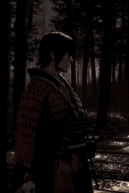 Japanese Samurai Warrior, Forest Glade At Night Background,...