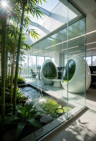 Frutiger Aero, A Glass-walled Eco Office Interior With Indoo... — Stable Diffusion AI Prompt: frutiger aero, a glass-walled eco office interior with indoor bamboo garden, wat...