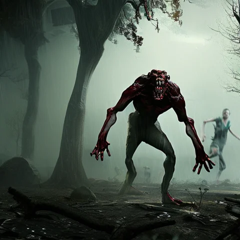 Something Evil Chasing People In The Woods, Outside Is Raini... — Stable Diffusion AI Prompt: something evil chasing people in the woods, outside is raining, night, 8k, photo...