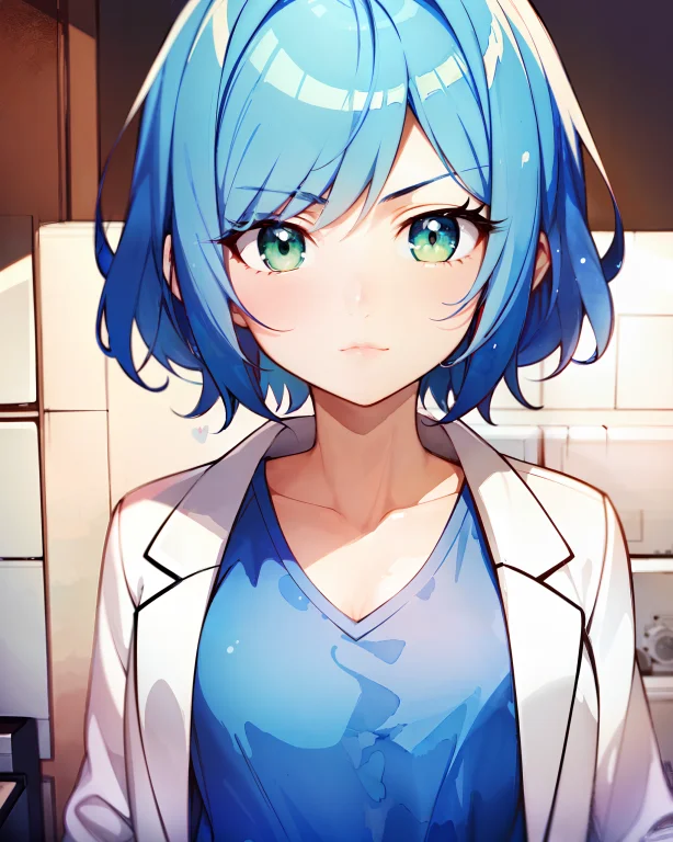 Girl Scientist, Bright Green Eyes, Stern Lifeless Stare, Wit...