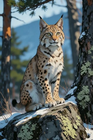 Nature, A Caucasian Lynx Perched On A Lichen-covered Rock In... — Stable Diffusion AI Prompt: nature, A Caucasian lynx perched on a lichen-covered rock in a high Armenian woo...